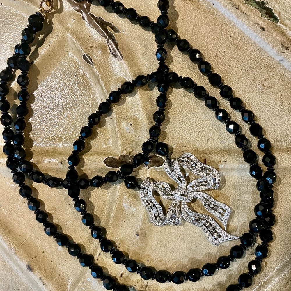 Long Boho Black Beaded Choker Necklace Double Strand Vintage Silver Bow Pendant